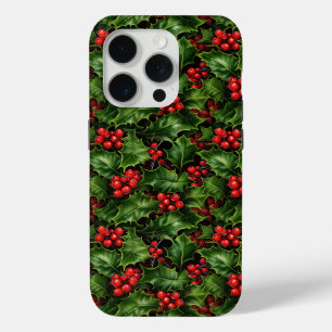 Christmas Holly Leaves And Red Berries Pattern iPhone 15 Pro Case