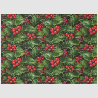 Christmas Holly Leaves And Red Berries Pattern Tissue Paper