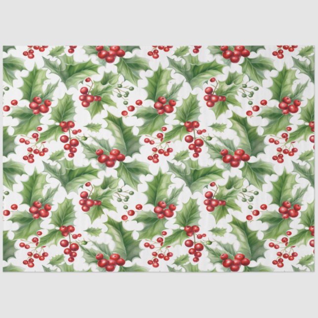Christmas Holly Leaves And Red Berries Seamless  Tissue Paper (Front)