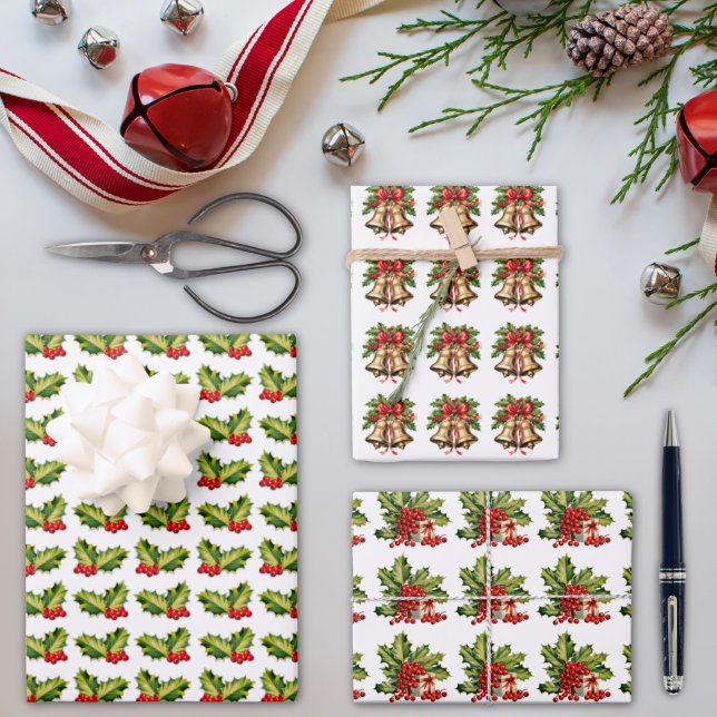 Christmas Holly Leaves & Berries Bells & Gift Wrapping Paper Sheet (Creator Uploaded)