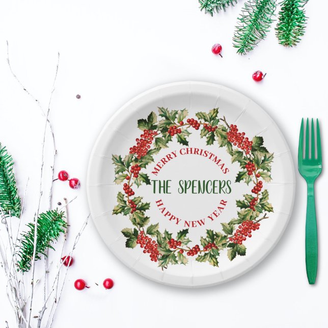 Christmas Holly Leaves & Berries Merry Christmas  Paper Plate (Creator Uploaded)