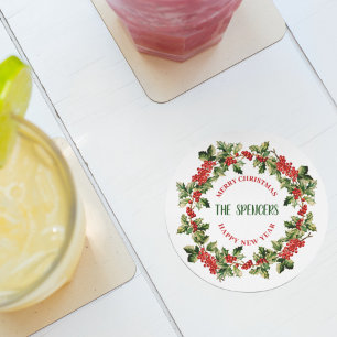 Christmas Holly Leaves & Berries Merry Christmas Round Paper Coaster