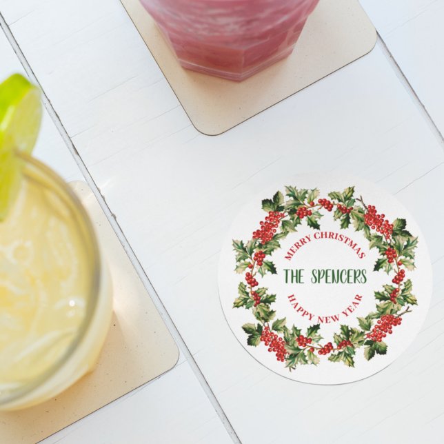 Christmas Holly Leaves & Berries Merry Christmas  Round Paper Coaster (Creator Uploaded)