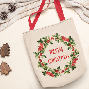 Christmas Holly Leaves & Berries Merry Christmas  Tote Bag