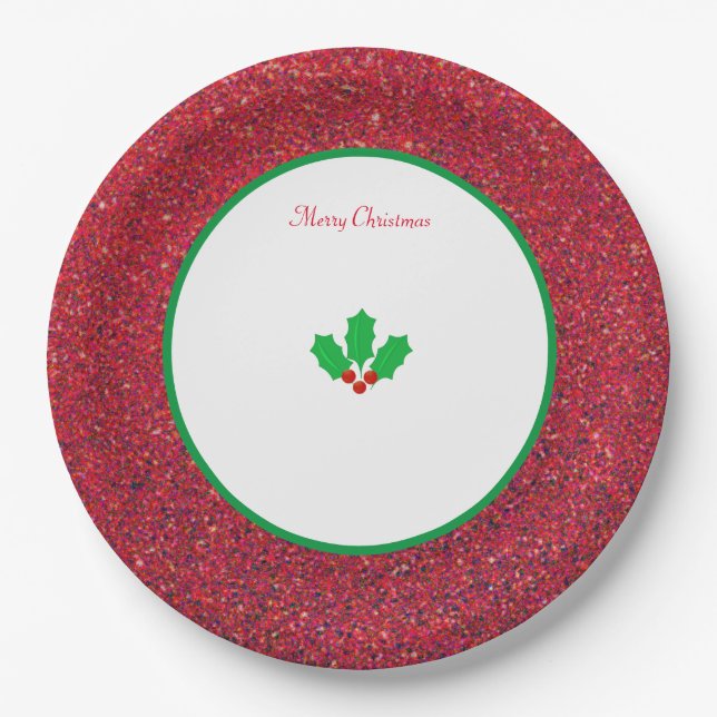Christmas Holly leaves & berries on white and red Paper Plate (Front)