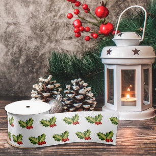 Christmas Holly Leaves & Berries Satin Ribbon