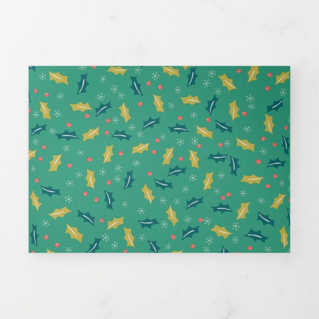 Christmas Holly Leaves & Berries w/ Snowflakes Tri-Fold Holiday Card (Cover)