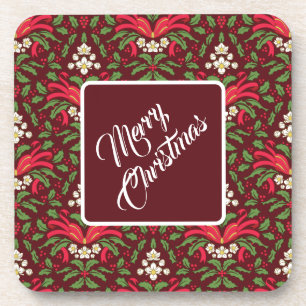 Christmas Holly Leaves & Berries with Red Box Coaster