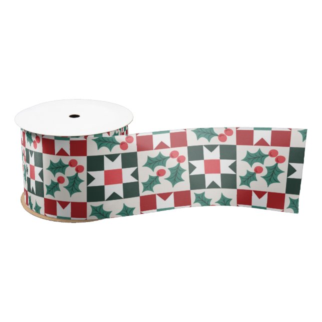 Christmas Holly Leaves Geo Quilt Satin Ribbon (Spool)