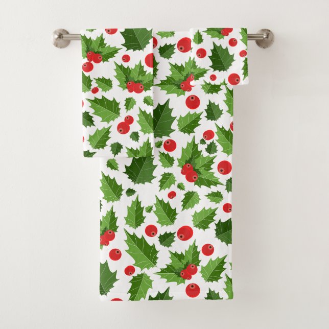 Christmas Holly Leaves Monogram Bath Towel Set (Insitu)
