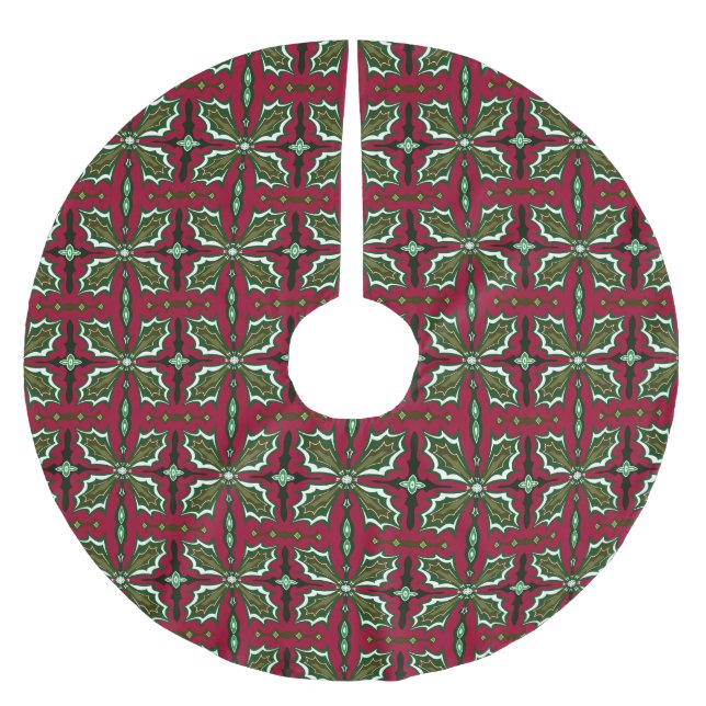 Christmas Holly Leaves Red and Green Brushed Polyester Tree Skirt (Front)