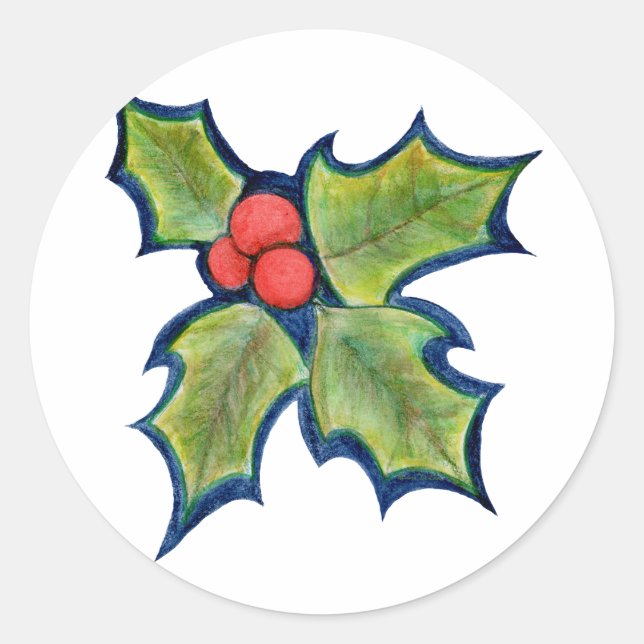 Christmas Holly Leaves, Red Berries Classic Round Sticker (Front)