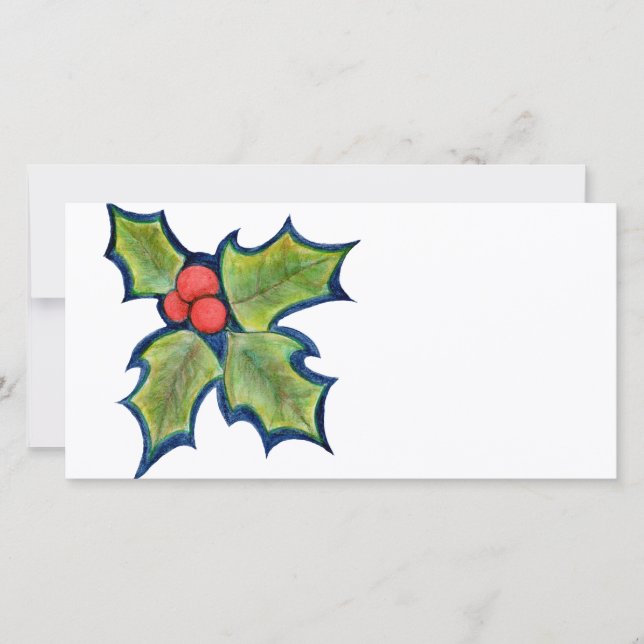 Christmas Holly Leaves, Red Berries Holiday Card (Front)