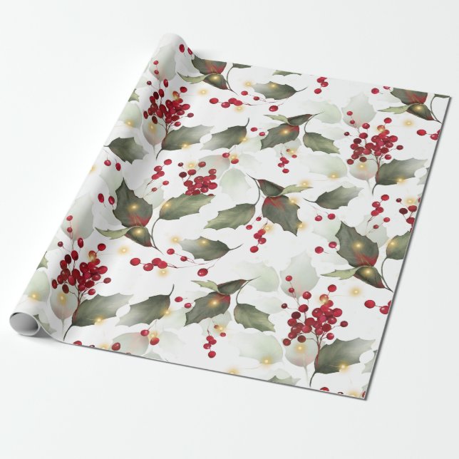 Christmas Holly Light Garland Wrapping Paper (Unrolled)