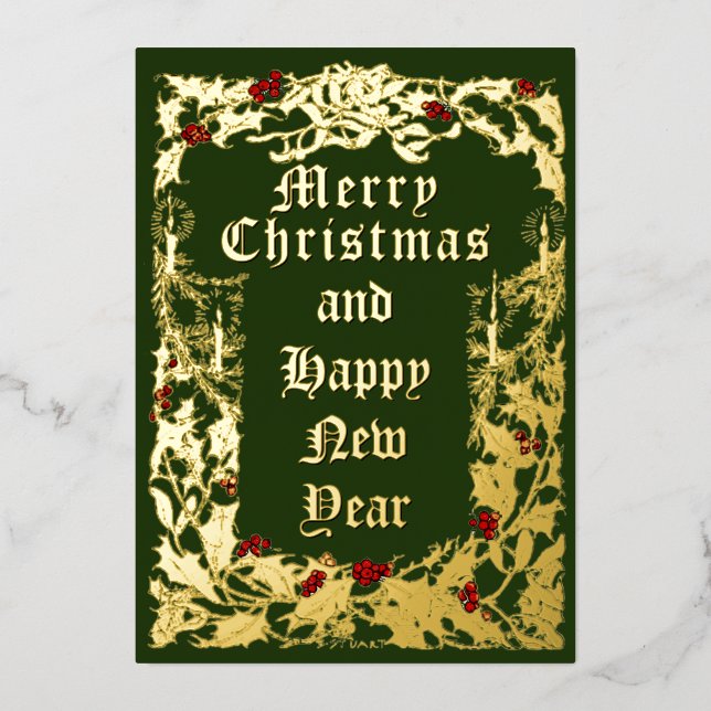 Christmas Holly & Mistletoe Border Foil Holiday Card (Front)