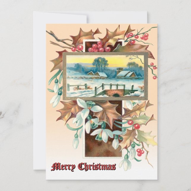 Christmas Holly & Mistletoe Winter Landscape Holiday Card (Front)