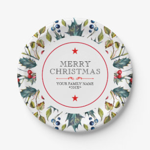 Christmas holly modern watercolors paper plate