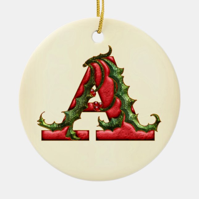 Christmas Holly Monogram A Ceramic Tree Decoration (Front)