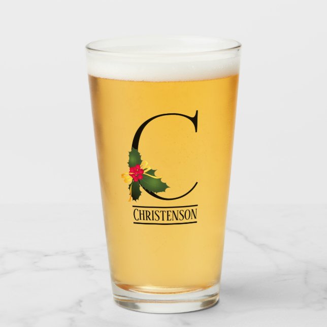 Christmas Holly Monogram C Personalised Beer Glass (Front Filled)