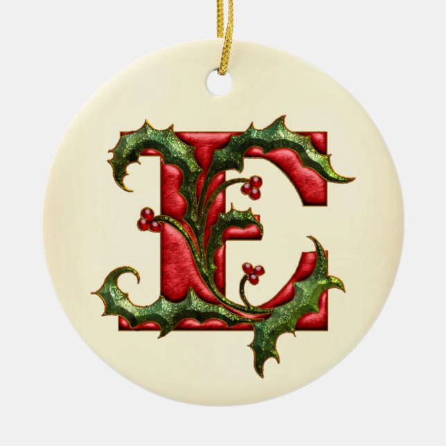 Christmas Holly Monogram E Ceramic Tree Decoration (Front)