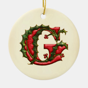 Christmas Holly Monogram G Ceramic Tree Decoration