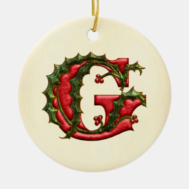 Christmas Holly Monogram G Ceramic Tree Decoration (Front)