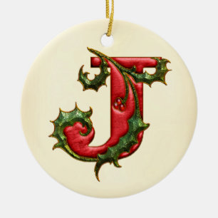 Christmas Holly Monogram J Ceramic Tree Decoration