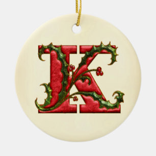 Christmas Holly Monogram K Ceramic Tree Decoration
