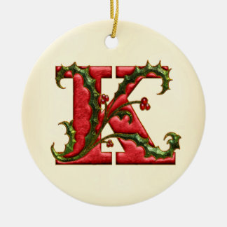 Christmas Holly Monogram K Ceramic Tree Decoration