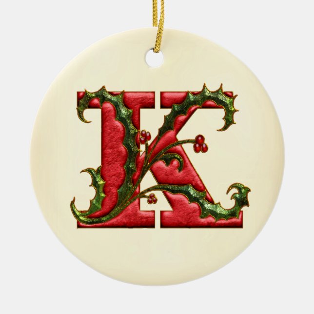 Christmas Holly Monogram K Ceramic Tree Decoration (Front)