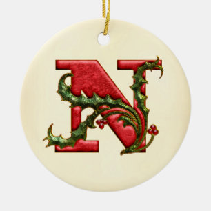 Christmas Holly Monogram N Ceramic Tree Decoration