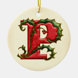 Christmas Holly Monogram P Ceramic Tree Decoration