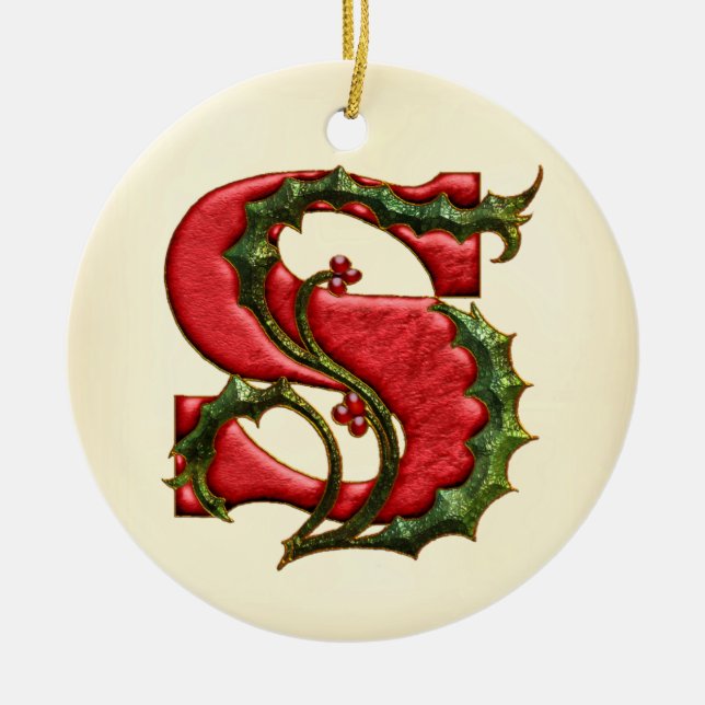 Christmas Holly Monogram S Ceramic Tree Decoration (Front)