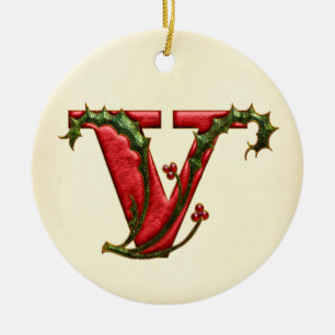 Christmas Holly Monogram V Ceramic Tree Decoration
