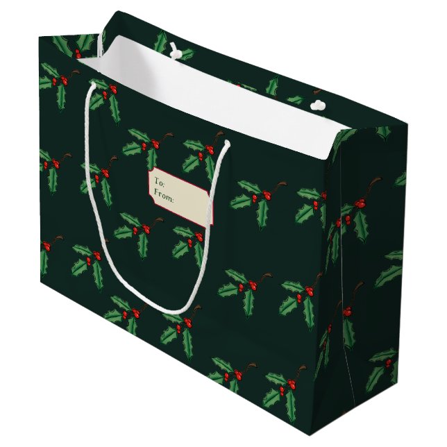 Christmas Holly Name Tag Gift Bag (Front Angled)