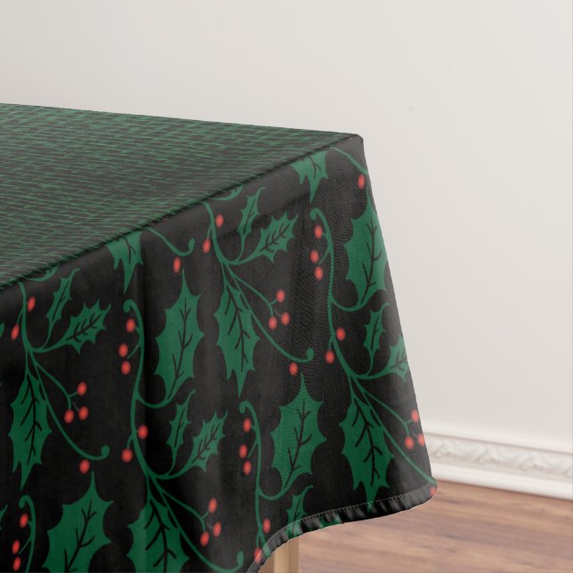 Christmas Holly on Festive Green Faux Burlap Tablecloth (In Situ)