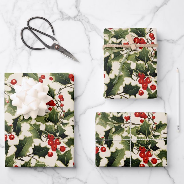 Christmas Holly on Light Background Wrapping Paper Sheet (Front)