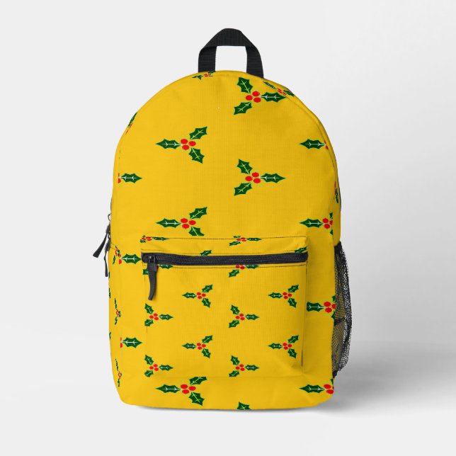 Christmas holly on orange printed backpack (Front)