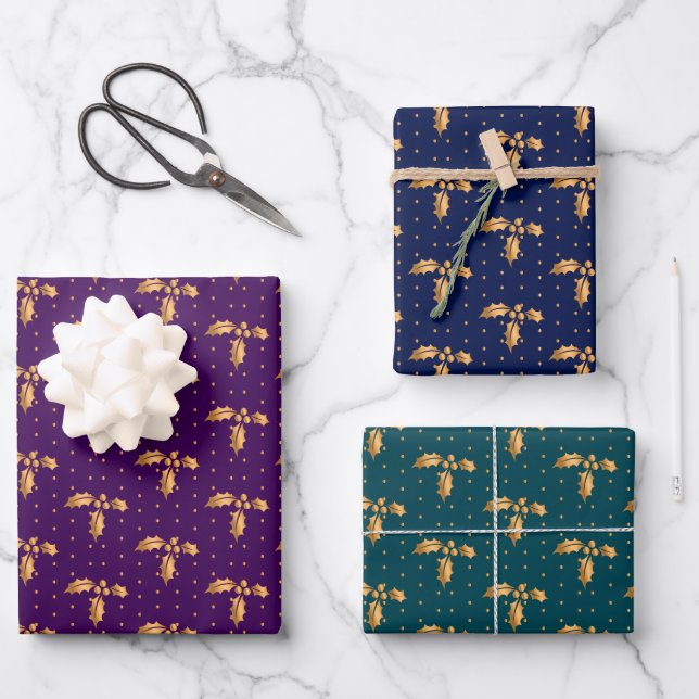 Christmas Holly on Purple, Navy and Teal Wrapping Paper Sheet (Front)