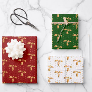 Christmas Holly on Red, Green and White Wrapping Paper Sheet