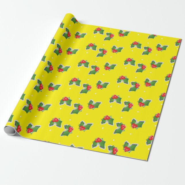 Christmas holly on yellow wrapping paper (Unrolled)