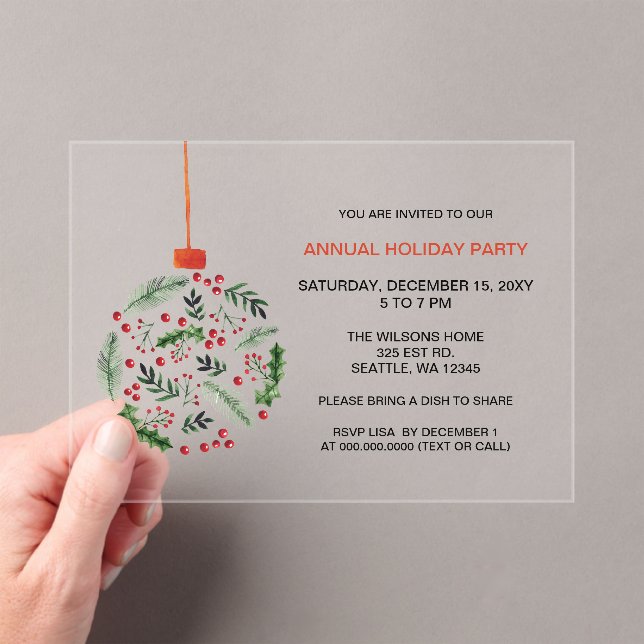 Christmas Holly Ornament Holiday Party Acrylic Invitations (Insitu (Handheld))