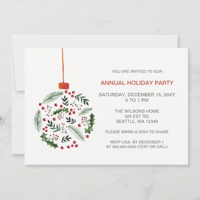 Christmas Holly Ornament Holiday Party Invitation (Front)