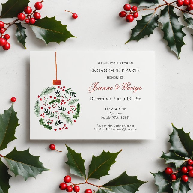 Christmas Holly Ornament Winter Engagement Party Invitation (Christmas Holly Ornament Winter Engagement Party Invitation)