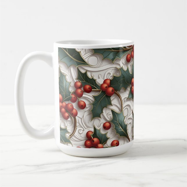 Christmas Holly Ornamental Pattern Big Coffee Mug (Left)