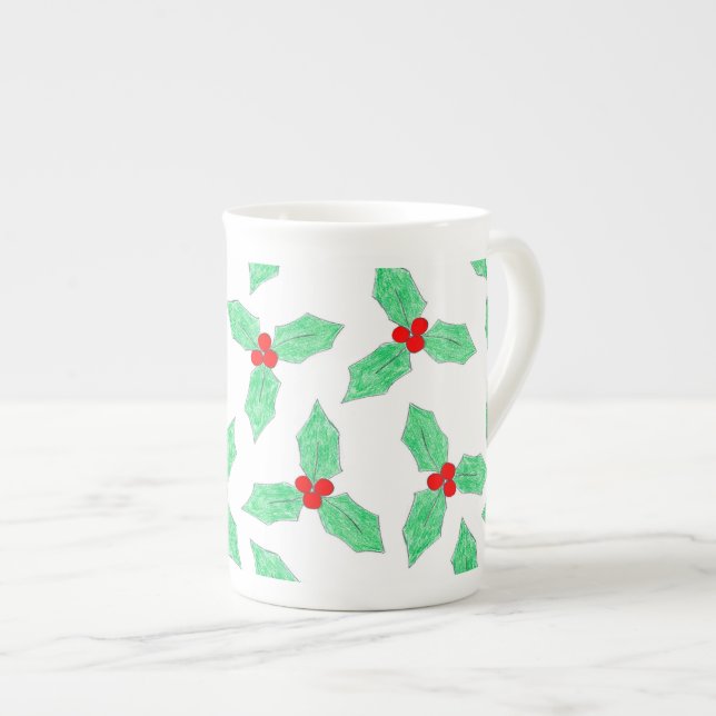 Christmas holly pattern bone china mug (Front Right)
