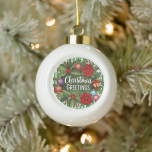 Christmas Holly Pattern Ceramic Ball Christmas Ornament