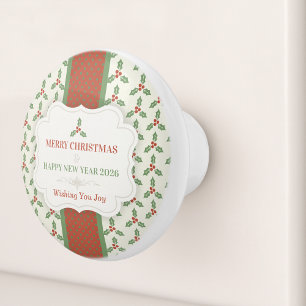 Christmas Holly Pattern Green Holly Red Berries Ceramic Knob