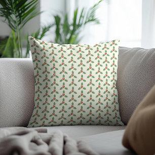 Christmas Holly Pattern Green Holly Red Berries Cushion