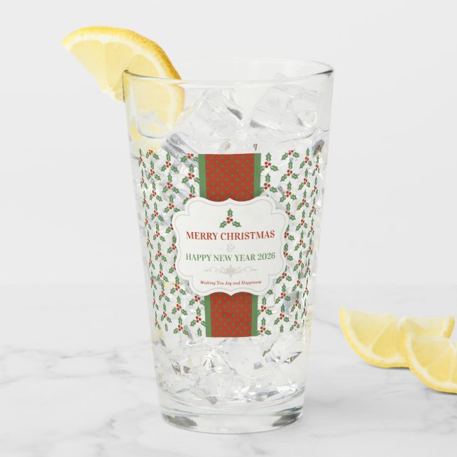 Christmas Holly Pattern Green Holly Red Berries Glass (Front Ice)